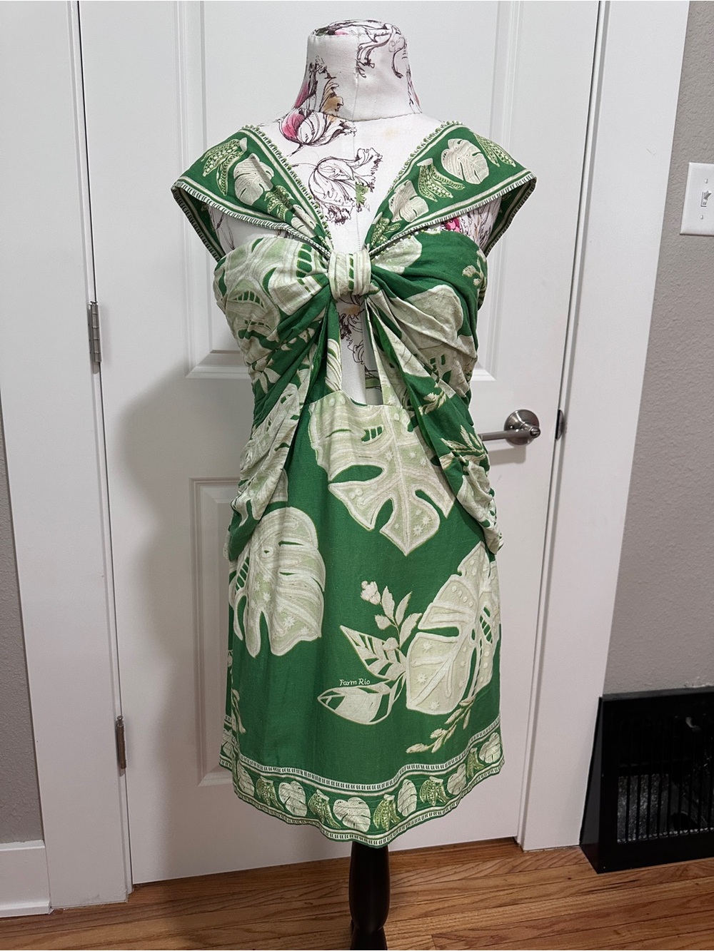 FARM Rio Green Tropical Lace Monstera Mini Dress